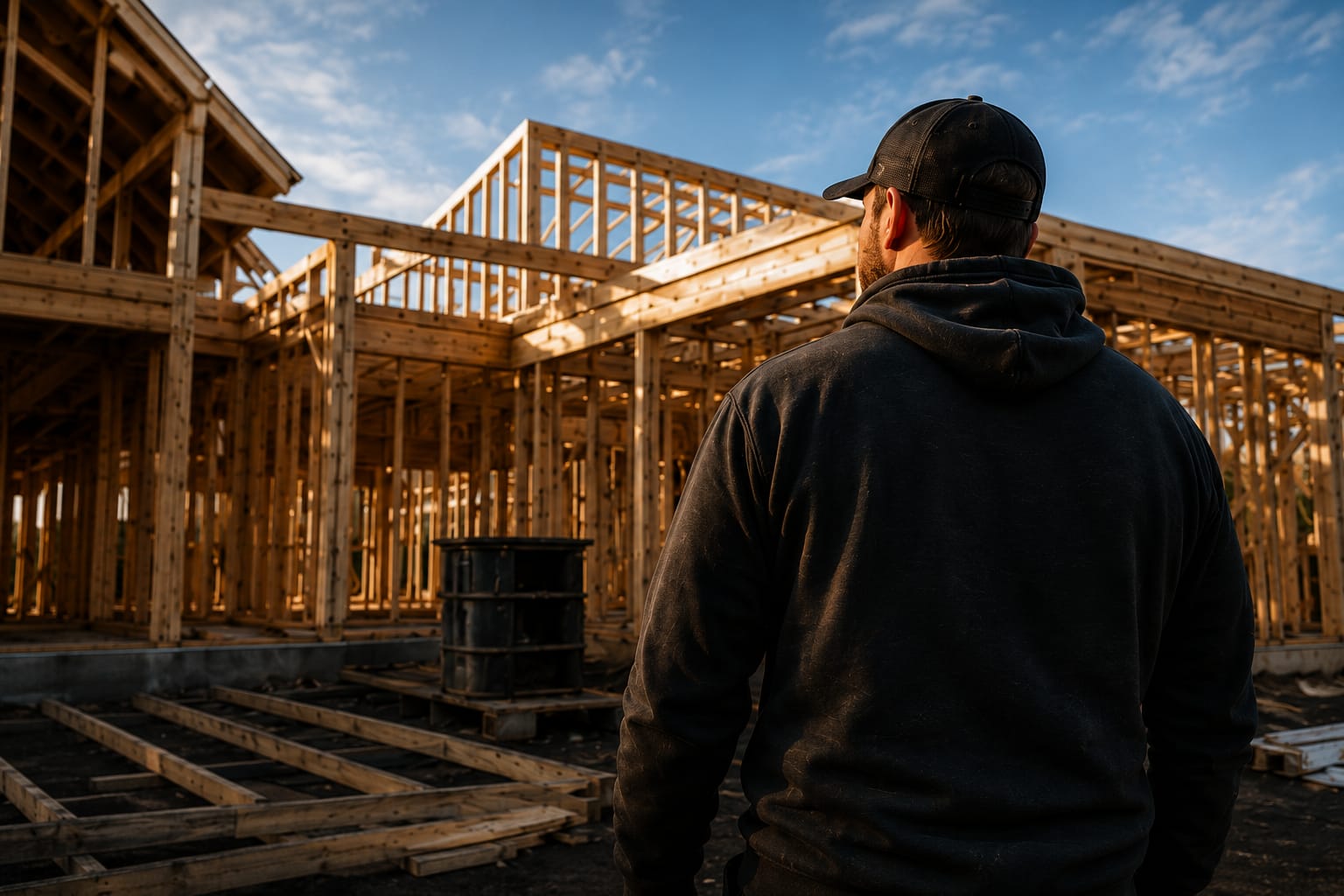 Framer in a black hoodie looking over the wall and roof framing of a new house at sunrise