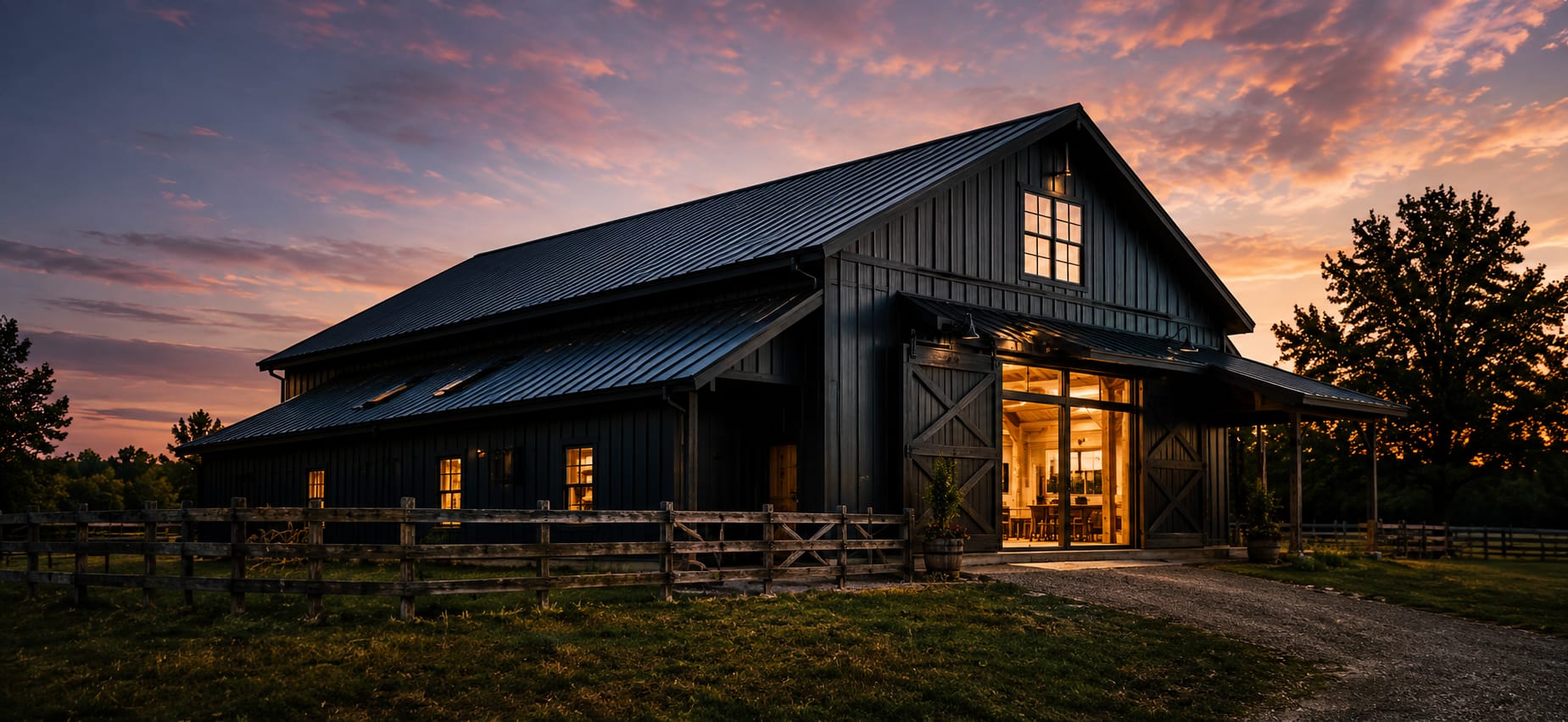 Black post-frame barn with a standing-seam metal roof and sliding doors, lit at dusk